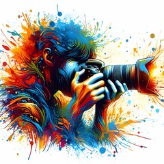 A vibrant and eye-catching illustration of A photographer with splashes of paint surrounding