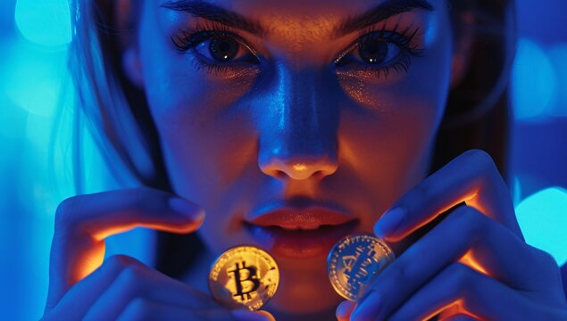 A beautiful woman holds two bitcoin coins in her hands