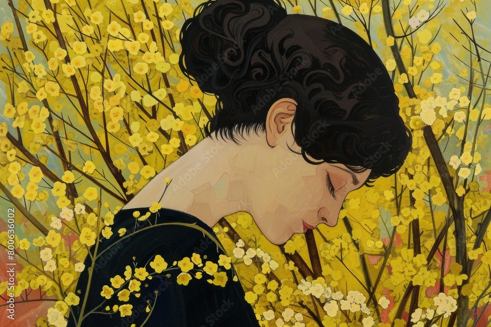 Poster a painting of a woman standing in front of a tree. suitable for various projects