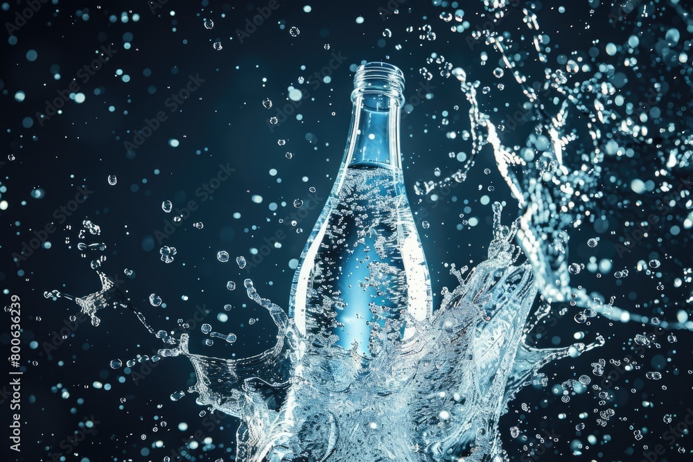 Poster close-up of a water bottle with a splash of water, perfect for hydration and refreshment concepts