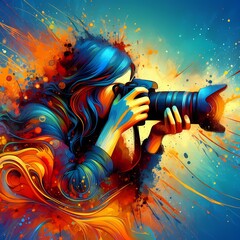 A vibrant and eye-catching illustration of A photographer with splashes of paint surrounding