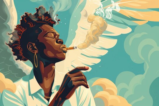 A woman smoking a cigarette with an angel in the background. Suitable for spiritual or lifestyle concepts