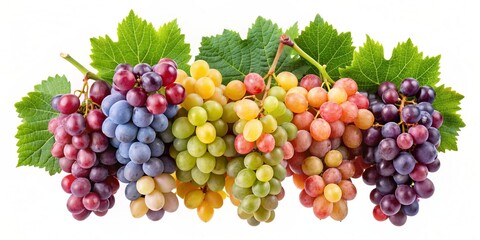all colors grapes on tree branch isolated on white background