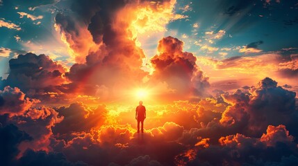A person standing in the middle of a cloud filled sky, AI