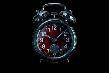 A red alarm clock against a black backdrop. Suitable for time management concepts