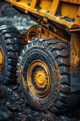 Detailed view of a yellow dump truck tire. Ideal for industrial concepts