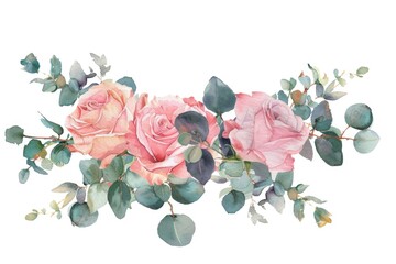 Beautiful watercolor painting of pink roses and eucalyptus leaves, perfect for home decor or greeting cards