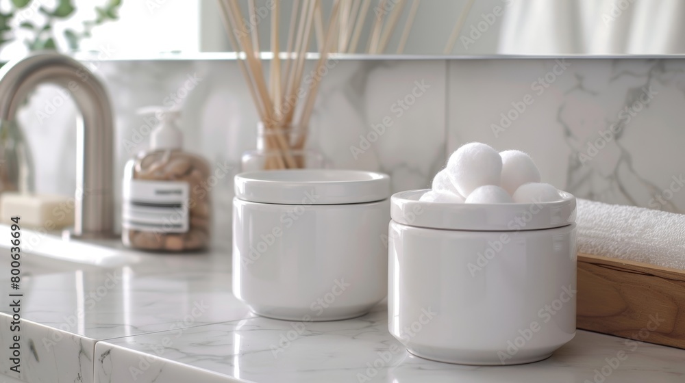 Poster A set of two ceramic containers with fitted lids one designed for holding cotton balls and the other for storing Qtips creating a coordinated and functional bathroom storage solution..