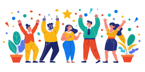 Successful team. Happy people rejoice at victory, triumph, success. Winners celebrate achievements and good fortune. Vibrant Vector illustration in flat style. Isolated on white background - Powered by Adobe