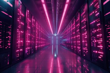 Fototapeta premium Rows of pink lights in a long hallway, suitable for interior design concepts