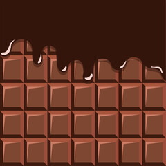 Vector background with chocolate bar and melting chocolate. Dripping syrop backdrop for banner, card, wallpaper, social media