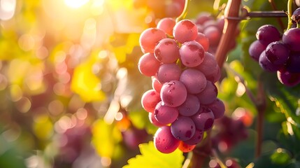 Sunlit Ripe Grapes Hanging on Vine in Vineyard at Sunset. Vibrant Purple Grapes Ready for Harvest. Agricultural Background with Copy Space. AI
