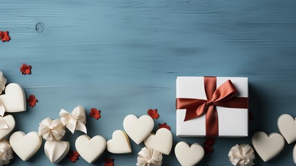 A beautifully wrapped gift box with elegant red bow alongside white and red hearts on a blue wooden background