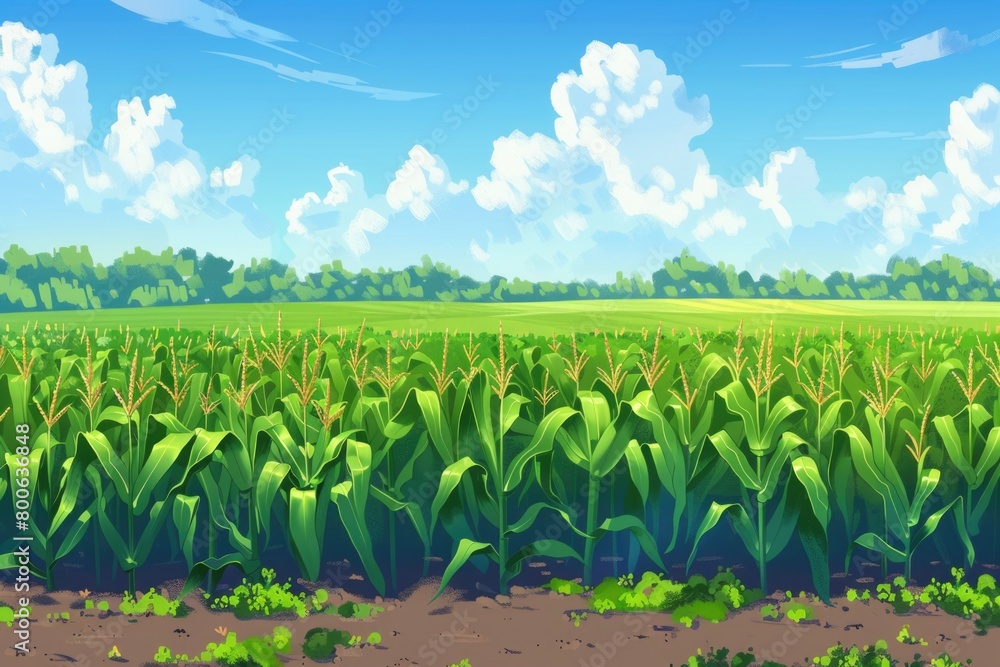 Poster a cartoon illustration of a corn field with trees in the background. suitable for agricultural conce