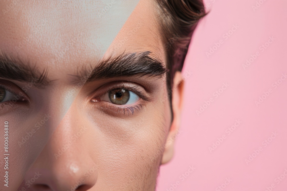 Poster close up of a man's face with a pink background. suitable for various creative projects