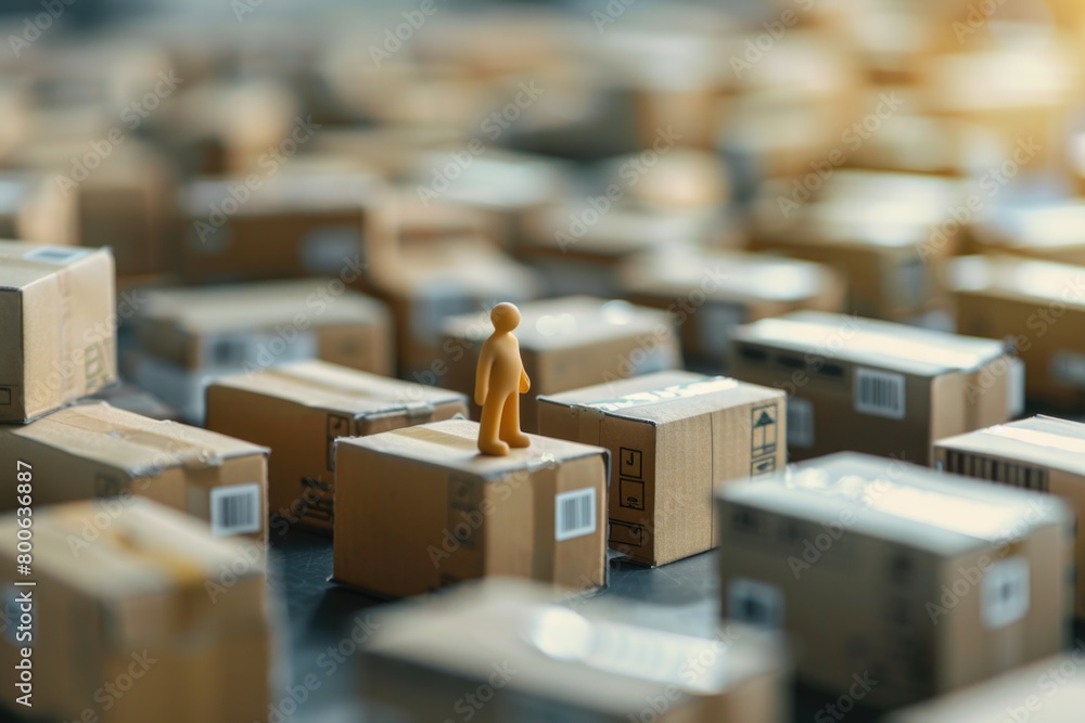 Poster wooden figure standing on top of a bunch of boxes. can be used for various business concepts