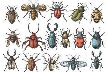 A diverse collection of different types of bugs. Suitable for educational materials or nature-themed designs