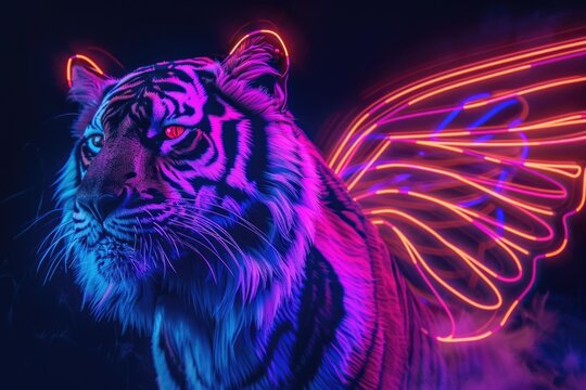 A striking image of a tiger with glowing neon wings, perfect for fantasy or wildlife designs