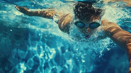 Fototapeta premium man wearing goggles swims in a pool, confidently gliding through the water.