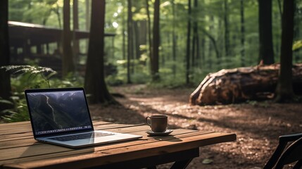 Laptop computer on wooden table in morning forest with aromatic cup of coffee. Remote office work outside ,  from anywhere,