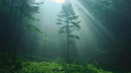 A forest with a tree in the middle of it and sunbeams coming through, AI