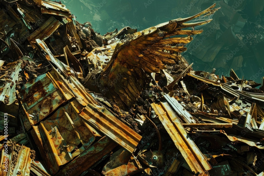 Poster A bird sitting on top of a pile of rubble. Suitable for illustrating the concept of resilience and adaptation