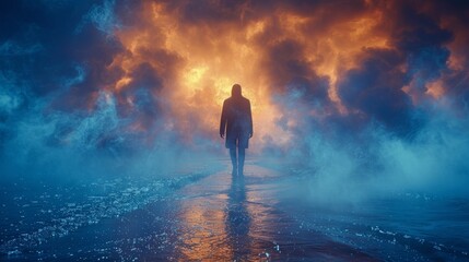 Obraz premium A person walking on a path through the ocean with smoke and fire in front of him, AI