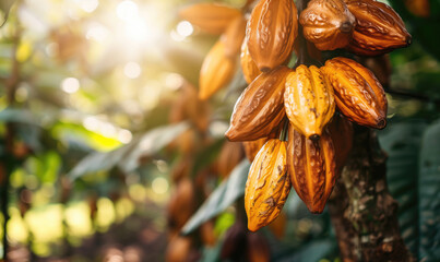 Ripe cocoa pods hanging from a tree in a tropical plantation