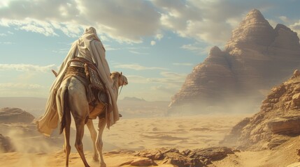 man confidently rides a camel across the arid desert landscape.