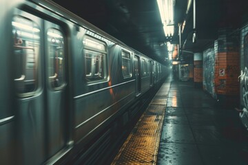 Fototapeta premium A subway train moving through a busy subway station. Suitable for transportation and urban lifestyle concepts