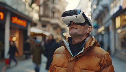 70-year-old man excitedly using virtual reality glasses on the Street