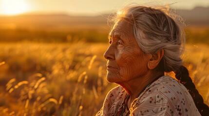 A cinematic of an old native American woman in the field