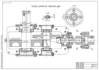 Assembly drawing of reducer. Vector drawing of steel mechanical device with shaft, gear,  electric engine, bolted connection and dimension lines. Engineering cad scheme. Technical template. 