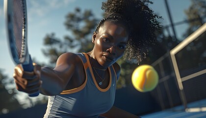 Close-up of a young afro-american woman hitting a tennis ball on a court - obrazy, fototapety, plakaty