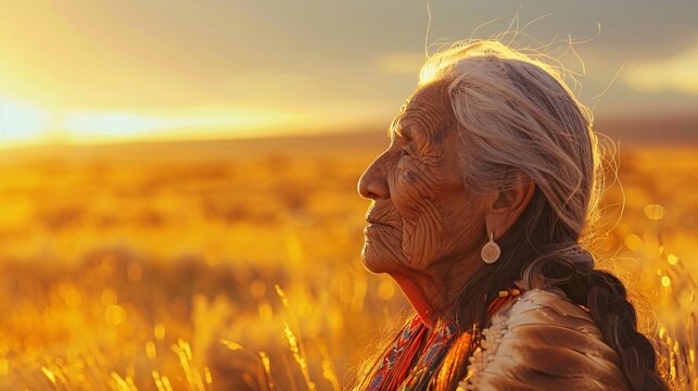 A cinematic of an old native American woman in the field