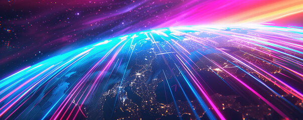 Obraz premium colorful abstract image of the Earth with blue, pink and purple rays of light emanating from the equator