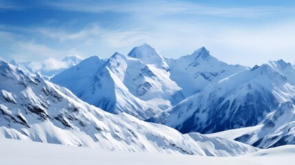 Panoramic view of snow covered mountains under blue sky with clouds - Powered by Adobe