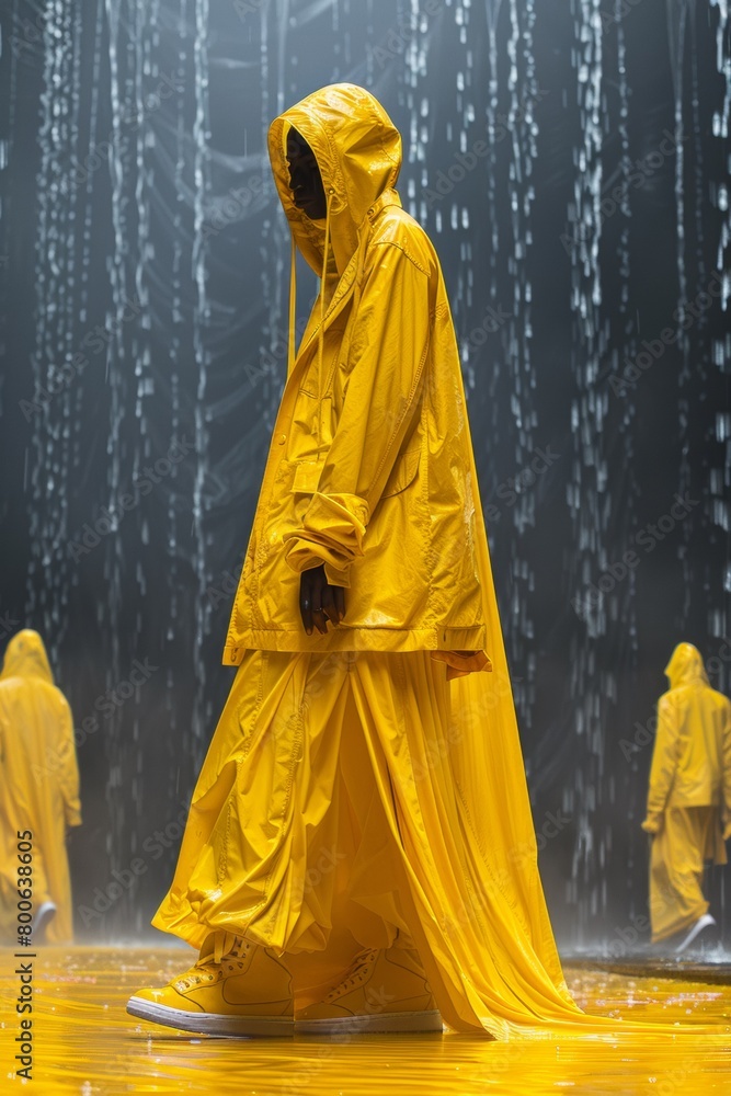 Canvas Prints A man in yellow raincoat walking on a wet floor, AI