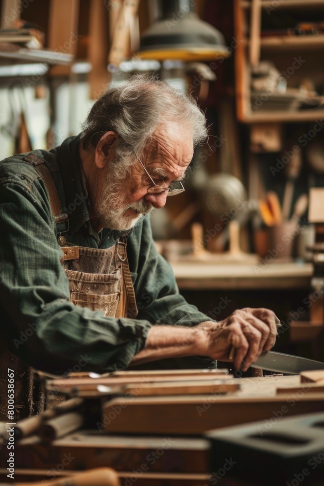 Poster a man busy working on a piece of wood. suitable for carpentry or woodworking concepts