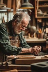 A man busy working on a piece of wood. Suitable for carpentry or woodworking concepts
