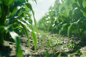 Obraz premium A picturesque view of a cornfield with the sun shining in the background. Ideal for agricultural or nature-themed projects