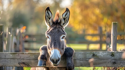 A donkey leans over a wooden fence, gazing beyond it with a curious look towards the camera