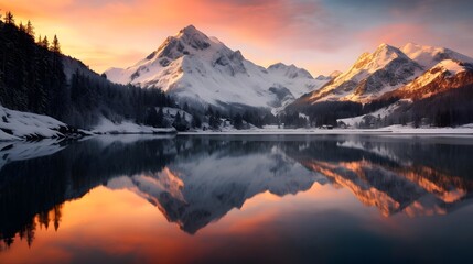 Winter panorama of mountain lake with reflection in the water at sunset