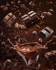 background with splashes of chocolate, cocoa or coffee and pieces of chocolate bar
