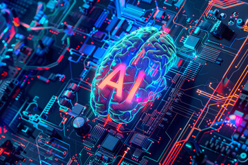Naklejka premium A colorful digital artwork of an AI brain on top of circuit board