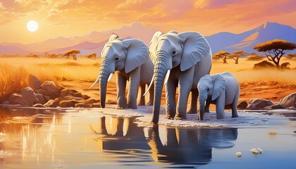 A family of elephants at a watering hole. - Powered by Adobe