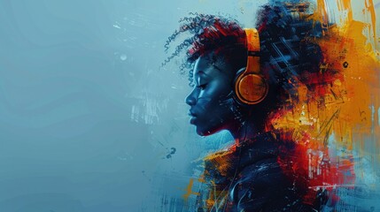 painted depiction of a woman listening to music through headphones.