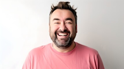 Fototapeta premium Joyful man in a pink shirt laughing against a white background. Casual style, positive emotions capture. Perfect for adverts and social media. AI