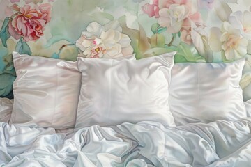 Comfortable bed with three white pillows, perfect for home decor projects