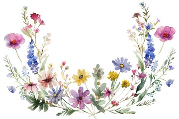 Beautiful watercolor painting of a wreath made of colorful flowers. Perfect for greeting cards or wedding invitations